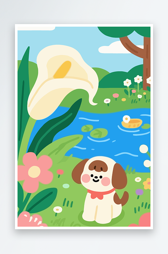 狗孩童花朵图标插画-众图网