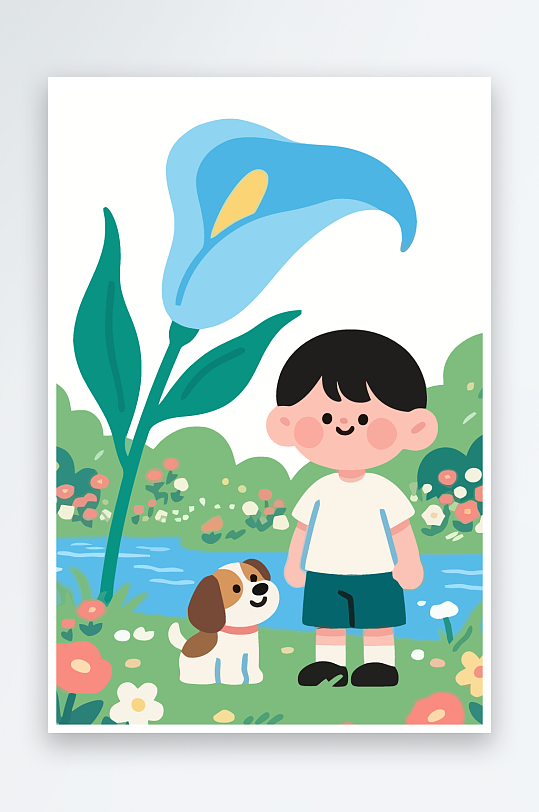 狗孩童花朵图标插画-众图网