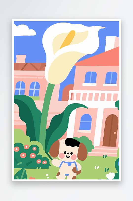 狗孩童花朵图标插画-众图网