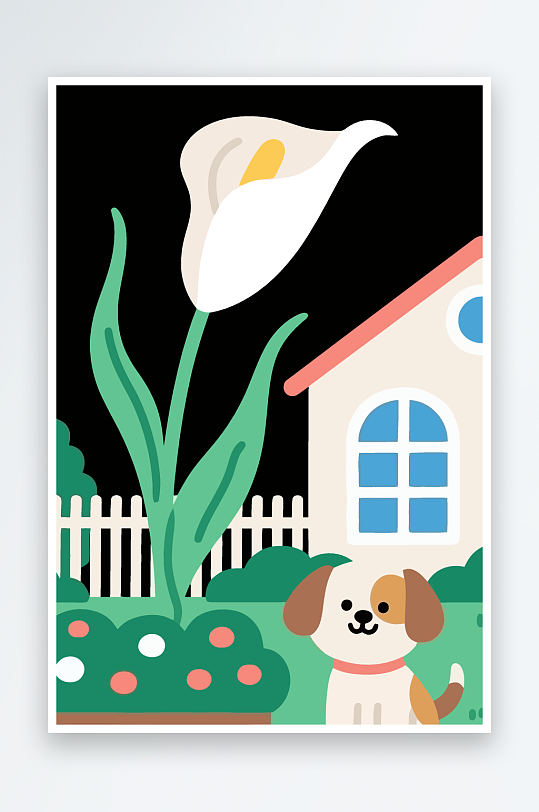 狗孩童花朵图标插画-众图网