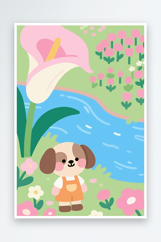 狗孩童花朵图标插画-众图网