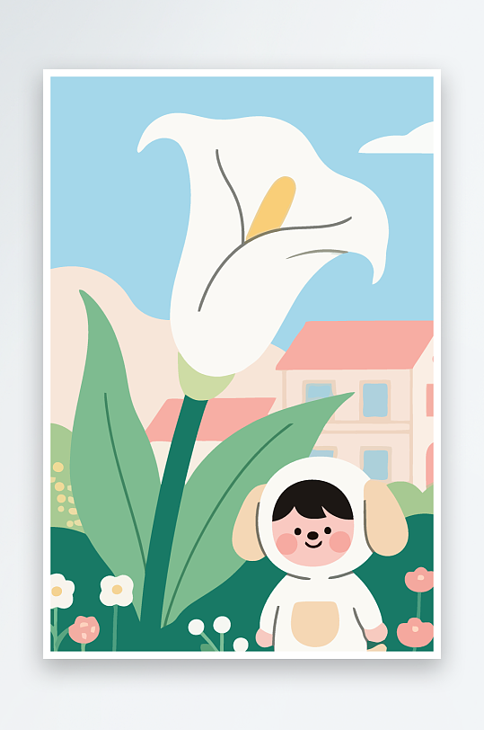 狗孩童花朵图标插画-众图网