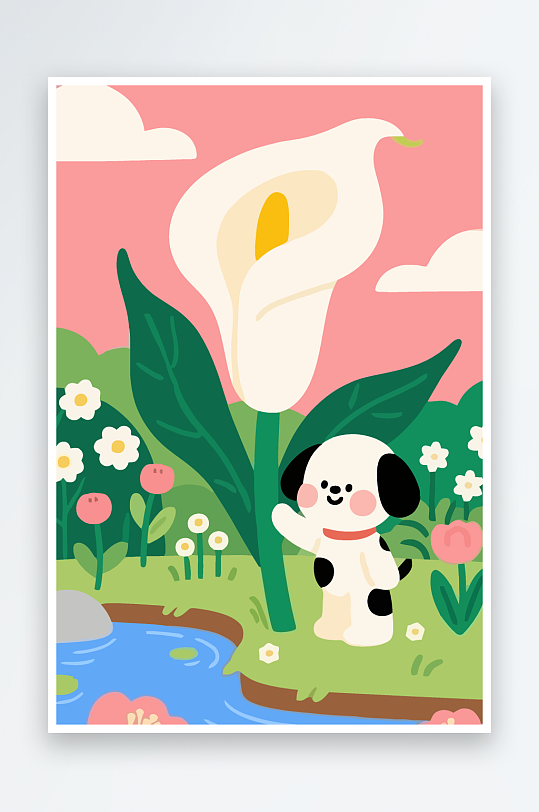 狗孩童花朵图标插画-众图网