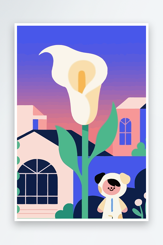 狗孩童花朵图标插画-众图网