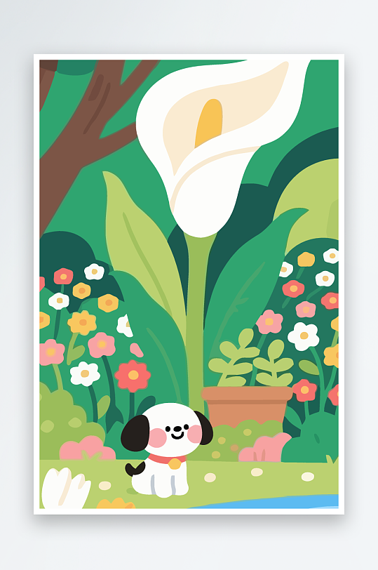 狗孩童花朵图标插画-众图网