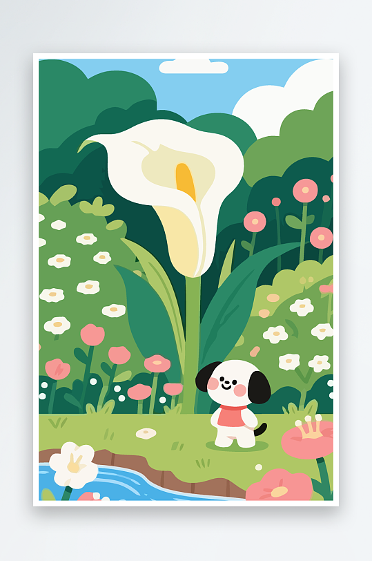 狗孩童花朵图标插画-众图网