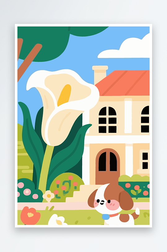 狗孩童花朵图标插画-众图网