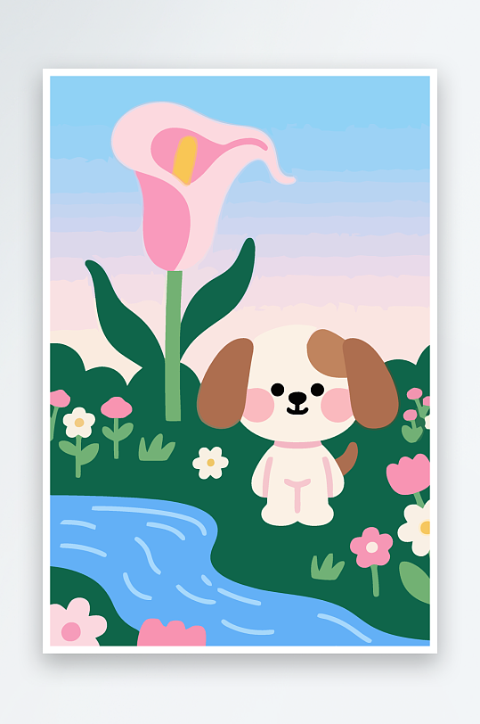 狗孩童花朵图标插画-众图网