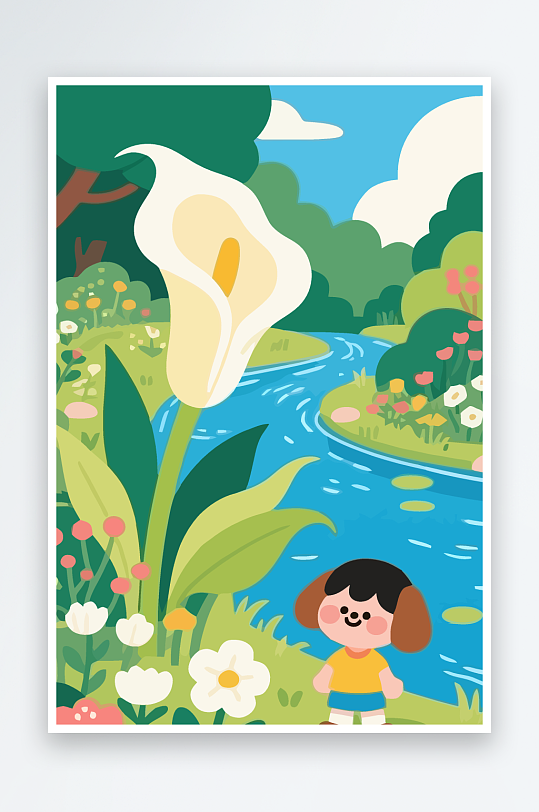 狗孩童花朵图标插画元素-众图网