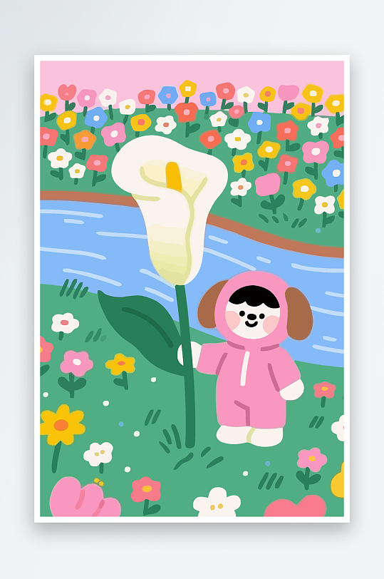 狗孩童花朵图标插画元素-众图网