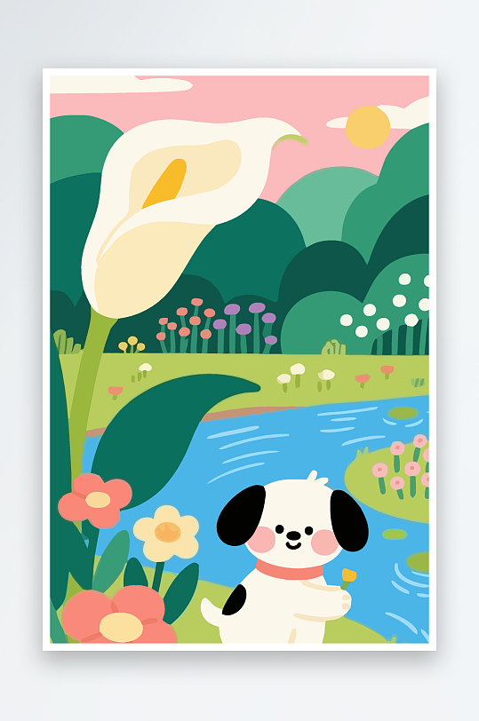 狗孩童花朵图标插画元素-众图网