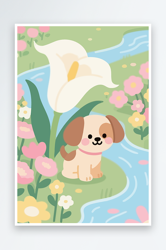 狗孩童花朵图标插画元素-众图网