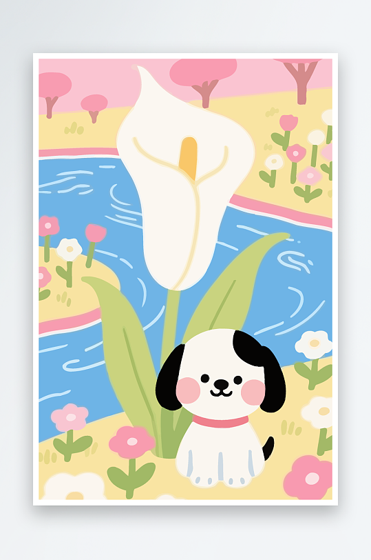 狗孩童花朵图标插画元素-众图网