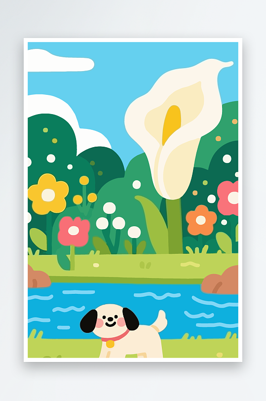 狗孩童花朵图标插画元素-众图网