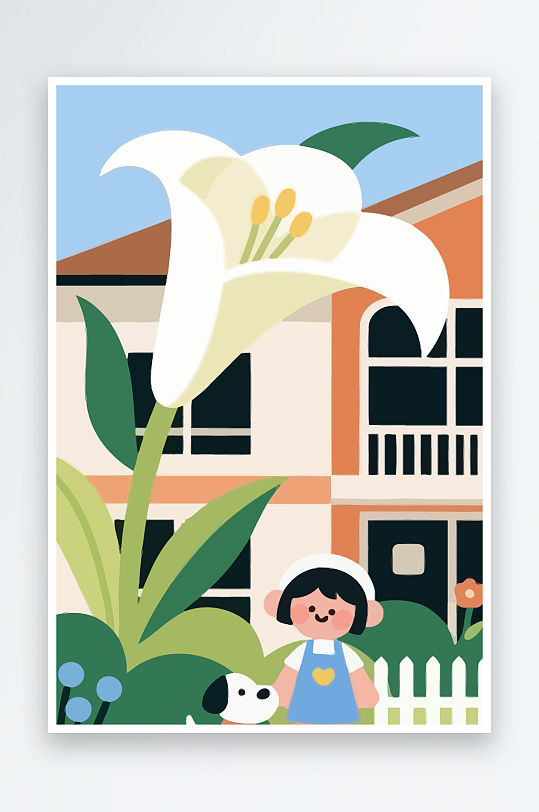 狗孩童花朵图标插画元素-众图网