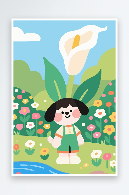 狗孩童花朵图标插画元素-众图网