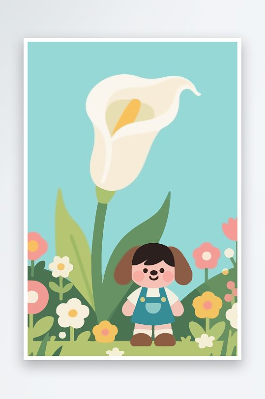 狗孩童花朵图标插画元素-众图网