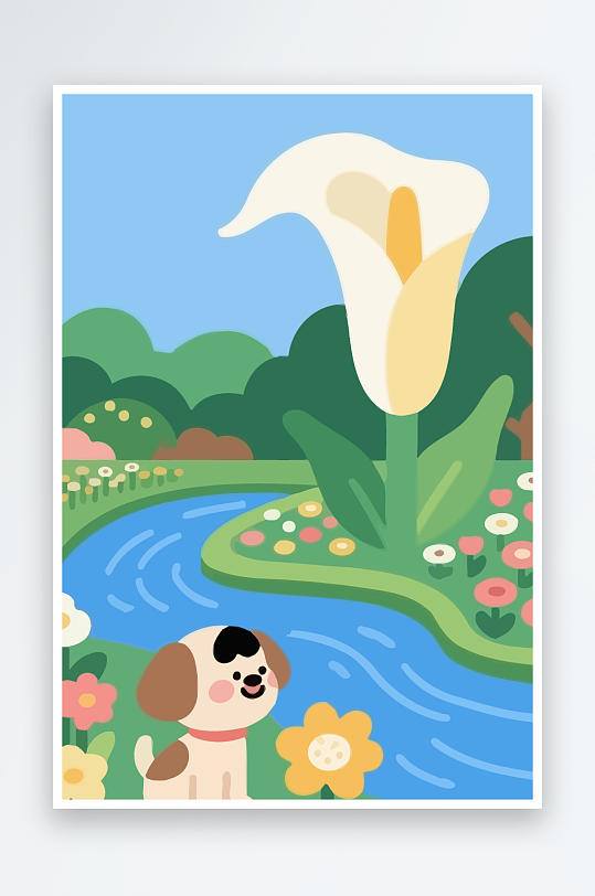 狗孩童花朵图标插画元素-众图网