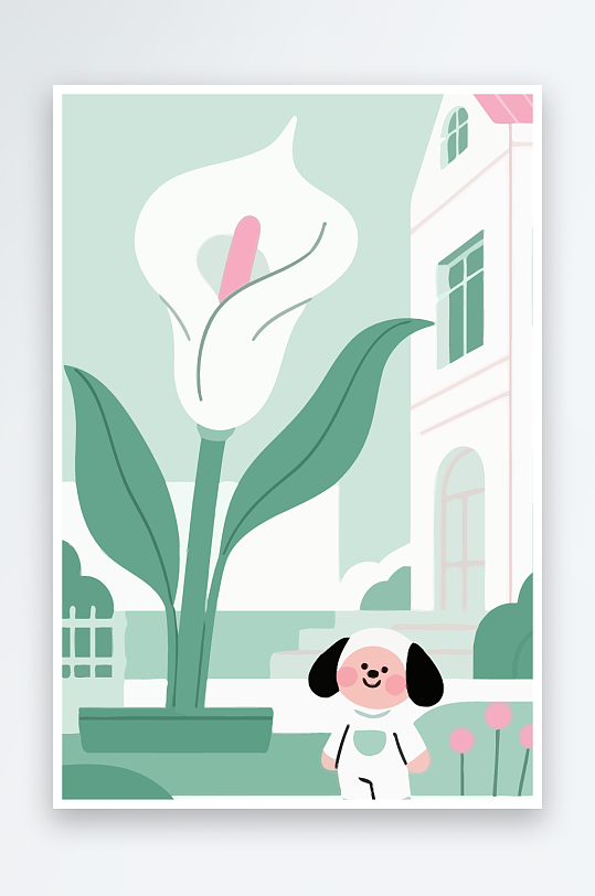 狗孩童花朵图标插画元素-众图网