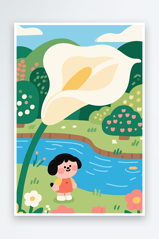 狗孩童花朵图标插画元素-众图网