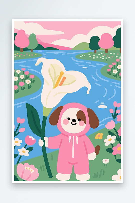 狗孩童花朵图标插画元素-众图网