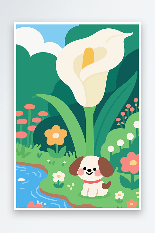 狗孩童花朵图标插画元素-众图网