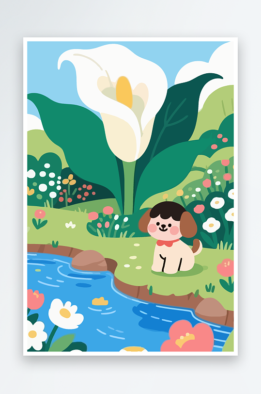 狗孩童花朵图标插画元素-众图网