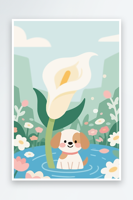 狗孩童花朵图标插画-众图网