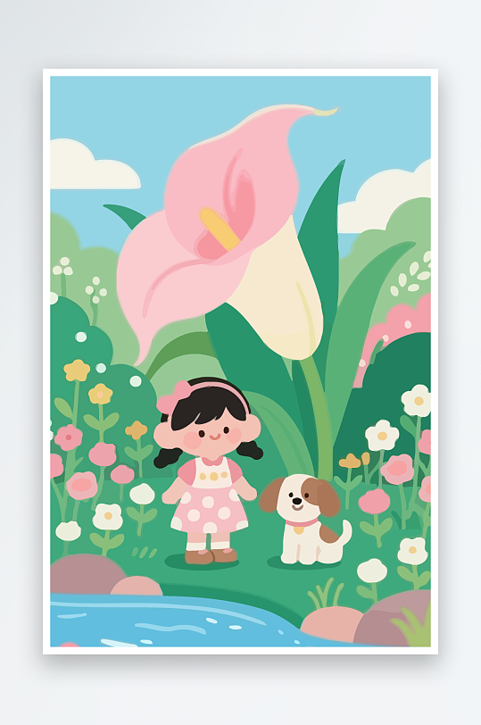 狗孩童花朵图标插画-众图网