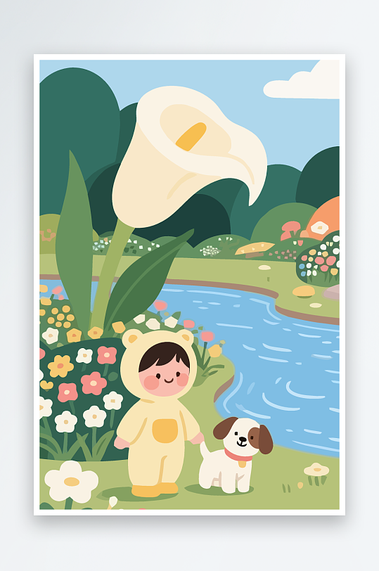 狗孩童花朵图标插画-众图网