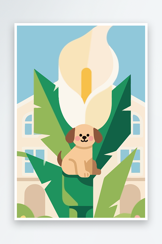 狗孩童花朵图标插画-众图网