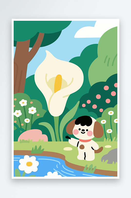 狗孩童花朵图标插画-众图网