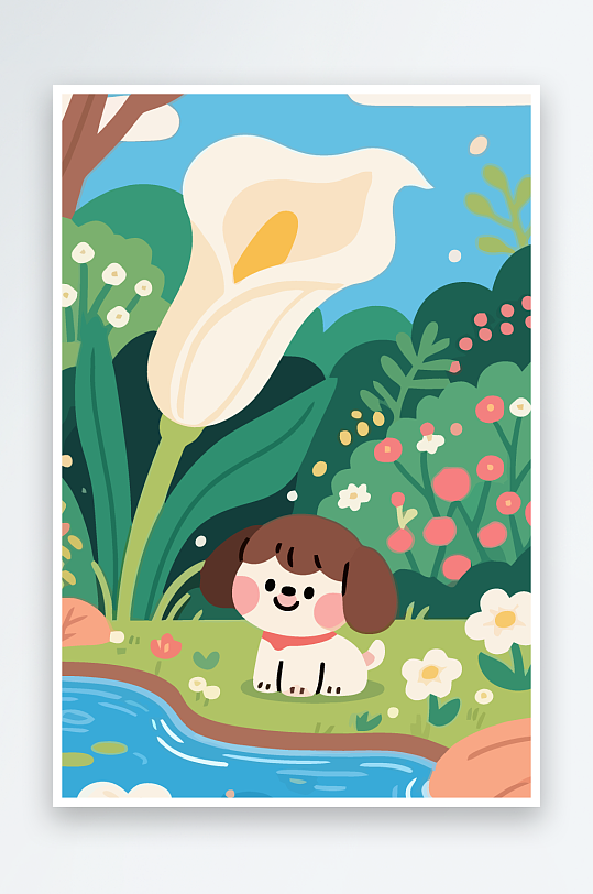 狗孩童花朵图标插画-众图网