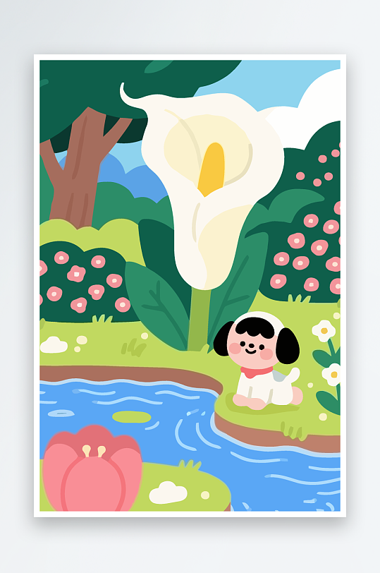 狗孩童花朵图标插画-众图网