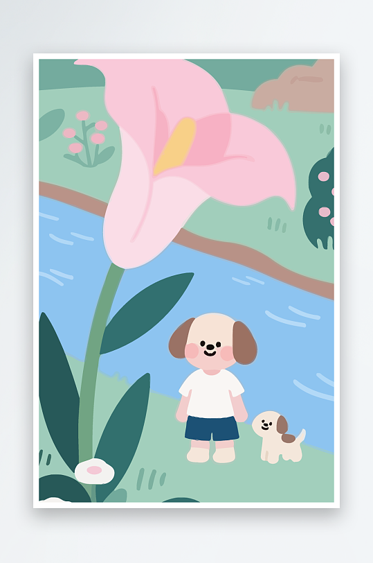 狗孩童花朵图标插画-众图网