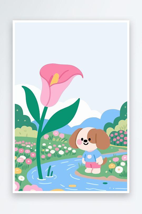 狗孩童花朵图标插画-众图网