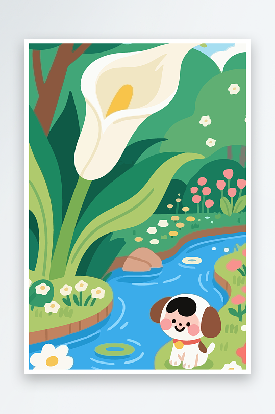 狗孩童花朵图标插画-众图网