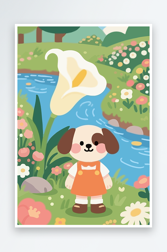 狗孩童花朵图标插画-众图网