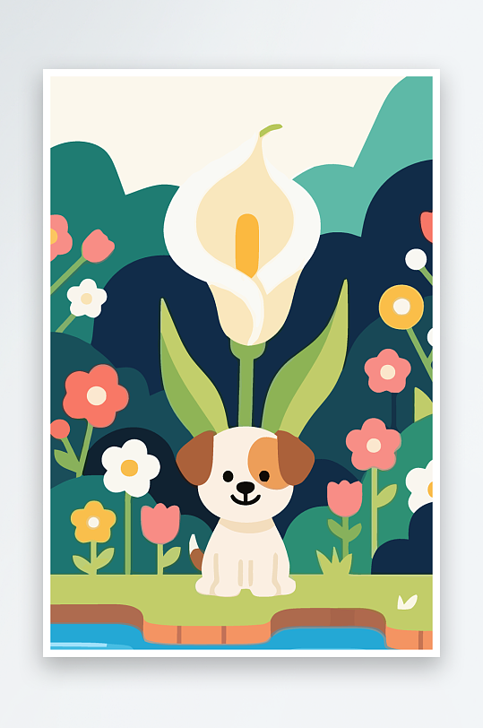 狗孩童花朵图标插画元素-众图网