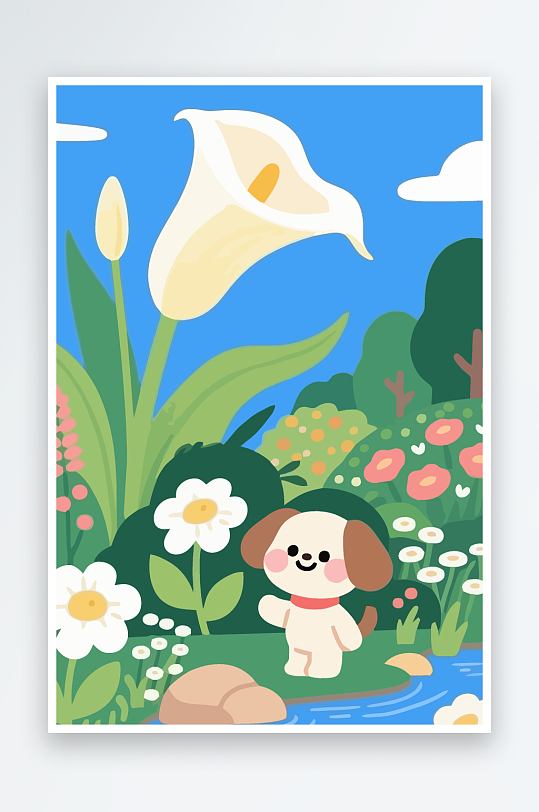 狗孩童花朵图标插画元素-众图网