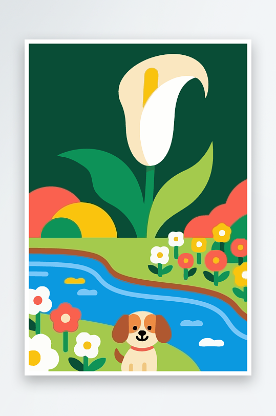 狗孩童花朵图标插画元素-众图网