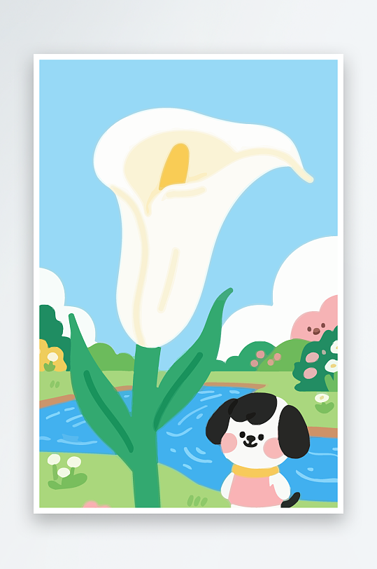 狗孩童花朵图标插画元素-众图网