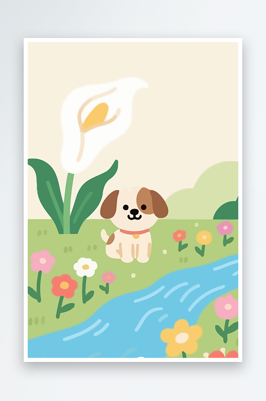 狗孩童花朵图标插画元素-众图网