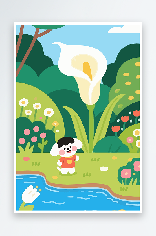 狗孩童花朵图标插画元素-众图网