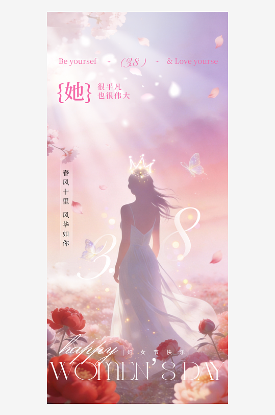 粉紫色人物插画女神节插画海报-众图网