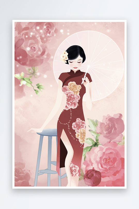 民国风旗袍美女插画-众图网
