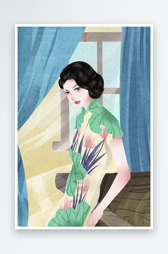 民国风旗袍美女插画-众图网