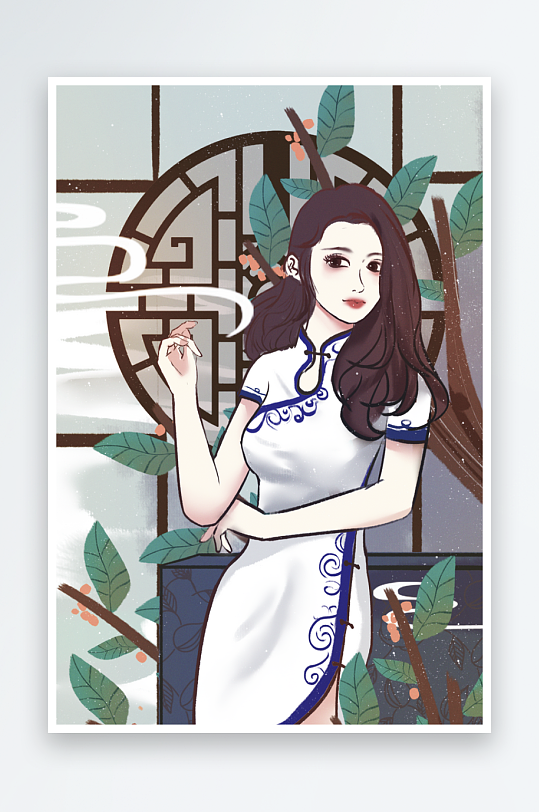 民国风旗袍美女插画素材-众图网