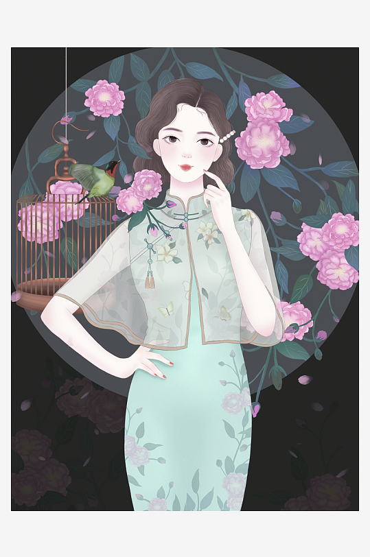 民国风旗袍美女插画素材-众图网