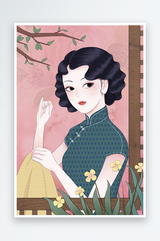 民国风旗袍美女插画素材-众图网